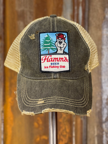 Hamm's ICE FISHING CLUB Snapback Hat- Distressed Black